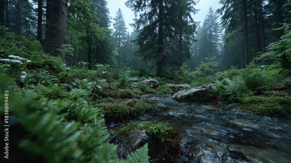 Obraz premium Dark misty forest scene with a shallow fast flowing stream winding through mossy rocks and dense ferns
