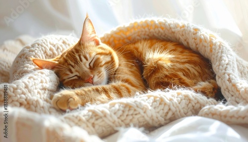 National Cat Lovers’ Month Adorable orange cat napping happily and comfortably on a luxurious, hand-knitted blanket, representing peace and relaxation.