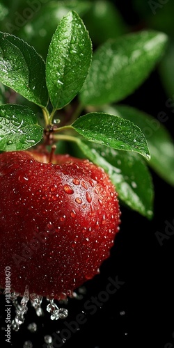 Close up of a vibrant red apple covered in water droplets with green leaves against black