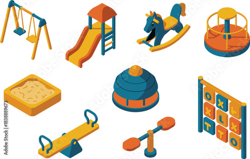 Isometric playground equipment illustration set featuring swings, slide, sandbox, seesaw, merry-go-round and climbing board for park and school design