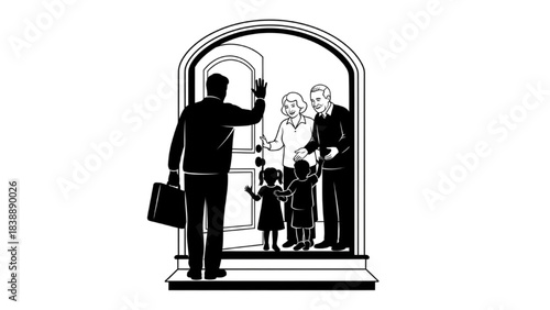 Parent Leaving for Work Silhouette Line Art with Grandparents Watching Children at Doorway