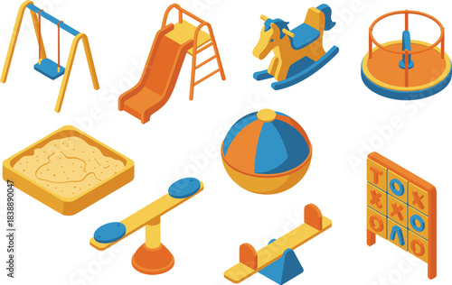 Isometric playground equipment illustration set featuring swings, slide, sandbox, seesaw, merry-go-round and climbing board for park and school design