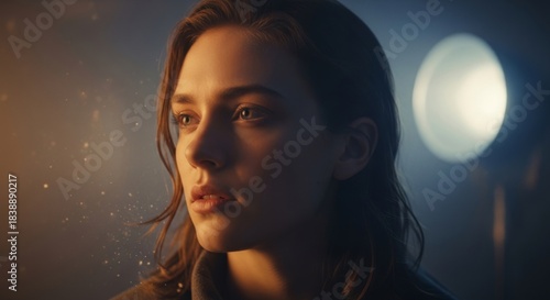 Pensive woman illuminated by cinematic lighting