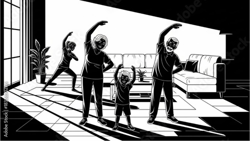 Grandparents Exercising with Younger Family Members Silhouette Line Art in Living Room