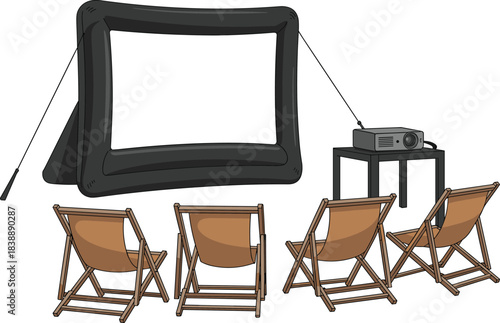 Outdoor movie night setup illustration featuring inflatable screen, projector, deck chairs and cinema seating arrangement for backyard entertainment events