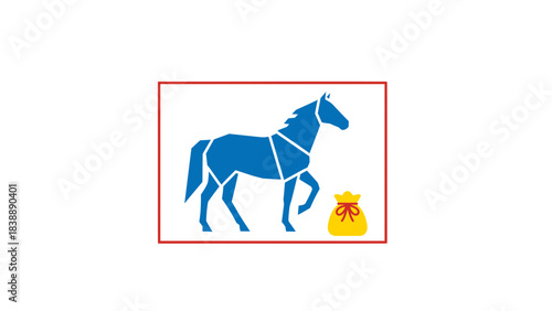 Blue polygonal horse silhouette with Chinese zodiac emblem in red bordered frame.