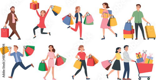 People shopping illustration set, happy customers carrying bags, gift boxes, holiday purchases, retail excitement, sale season, consumer activity, flat cartoon artwork