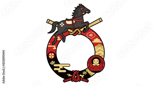 Ornate circular emblem with stylized horse and Asian decorative motifs.