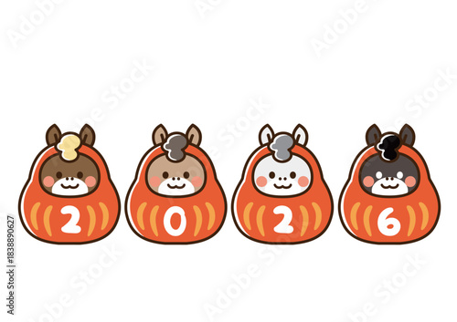 すまして並んだ4体の午のだるま　2026年