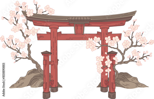 Traditional Japanese torii gate illustration with cherry blossom branches, cultural architecture artwork, serene Shinto shrine design for travel and heritage themes