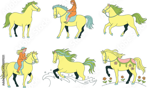 Whimsical horse illustrations with riders, playful cartoon horses, equestrian characters, decorative fantasy horses, colorful vector artwork for children and creative design