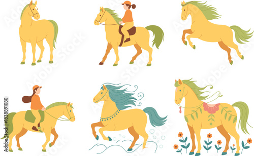 Whimsical horse illustrations with riders, playful cartoon horses, equestrian characters, decorative fantasy horses, colorful vector artwork for children and creative design
