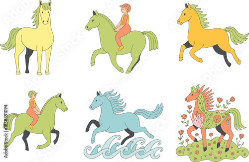 Whimsical horse illustrations with riders, playful cartoon horses, equestrian characters, decorative fantasy horses, colorful vector artwork for children and creative design