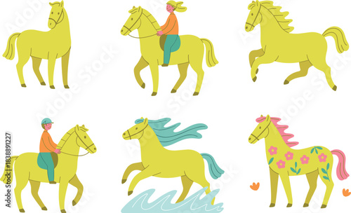 Whimsical horse illustrations with riders, playful cartoon horses, equestrian characters, decorative fantasy horses, colorful vector artwork for children and creative design