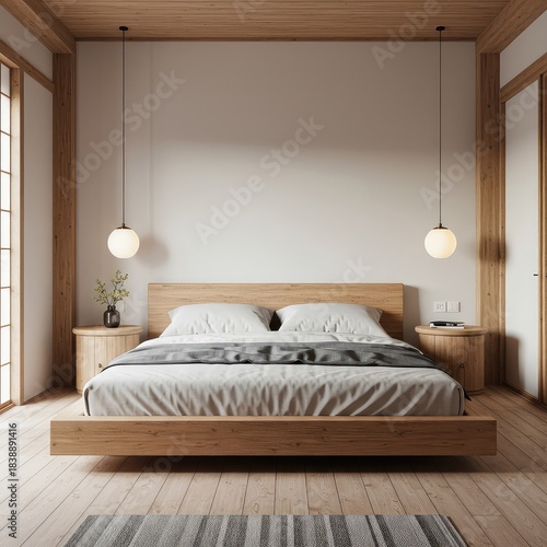 A tranquil bedroom blends Scandinavian minimalism with Japanese aesthetics, featuring clean lines, natural wood, and subtle texture ,peaceful ,style ,furniture
