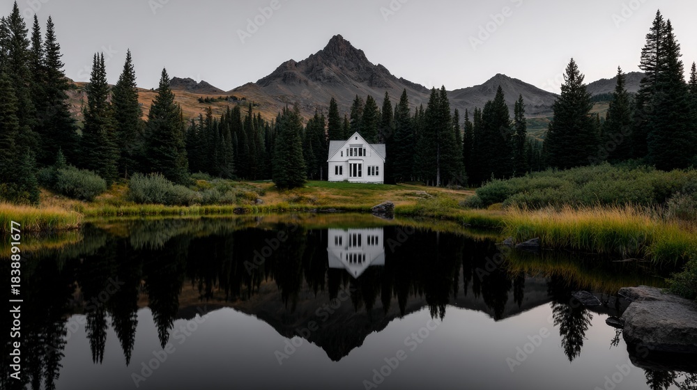 Fototapeta premium Isolated white mountain house reflecting clearly in a calm dark alpine lake surrounded by dense evergreen trees
