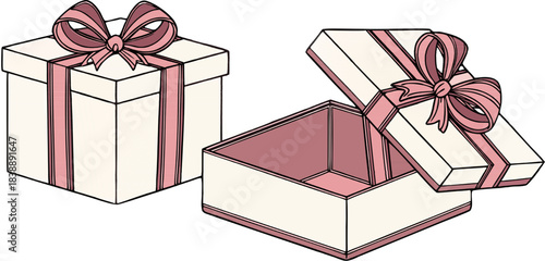 Elegant holiday gift boxes wrapped with red bows, confetti bursting around, clean isolated vector illustration without background.
