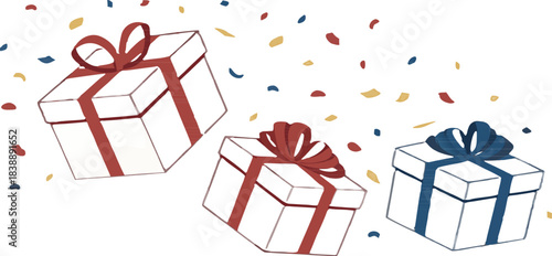Floating Christmas presents tied with red ribbons, colorful confetti flying, high-resolution isolated vector, no background.