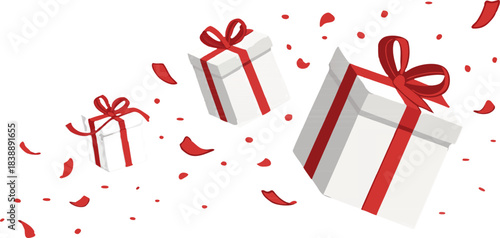 Festive Christmas gift boxes with red ribbons and scattered confetti, elegant isolated vector on transparent background.