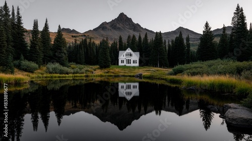 Isolated white mountain house reflecting clearly in a calm dark alpine lake surrounded by dense evergreen trees