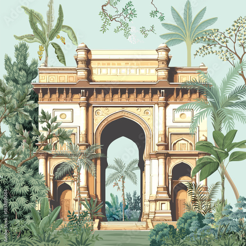 Indian peacock with temple, flower vase illustration for wedding invitation Stock Illustration. Mughal Arch.