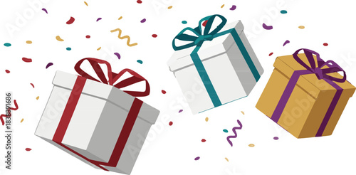 Holiday gift boxes wrapped in red ribbon, surrounded by flying confetti, premium isolated vector art with transparent background.