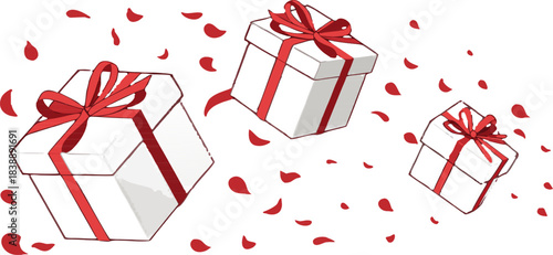 Christmas gift boxes with red ribbons and flying confetti, festive sparkling design, isolated vector with no background.