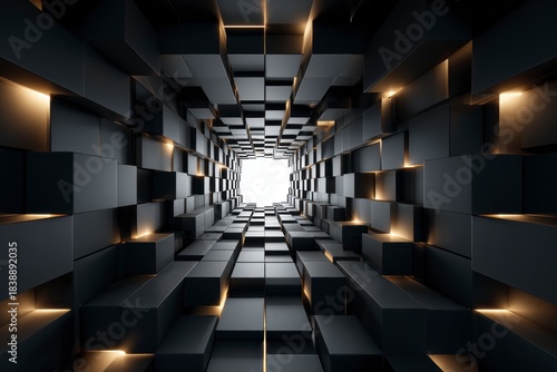 Fototapeta Naklejka Na Ścianę i Meble -  Abstract dark cubic tunnel receding toward a bright white light source with warm accent illumination