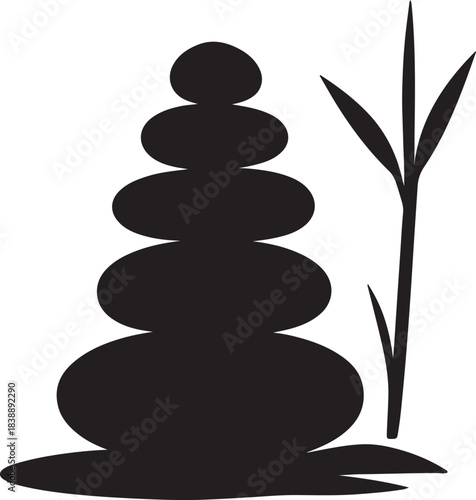 Canvas Print Zen balancing stones stacked with peaceful bamboo plant outline