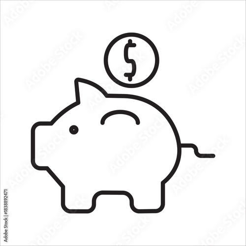 Piggy bank, linear style icon. Piggy bank with a coin being inserted. Editable stroke width.