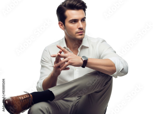 Man in white shirt sitting cross-legged, isolated on transparent background isolated on transparent background