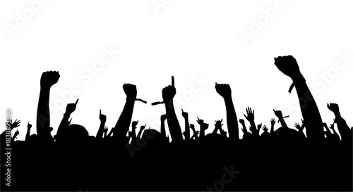 graphic pure black silhouettes of a diverse crowd cheering with upraised arms, intense backlighting against a transparent studio background for commercial copy space. concept of collective