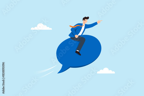 Flat illustration of businessman riding flying chat bubble pointing forward symbolizing fast digital communication and leadership agility