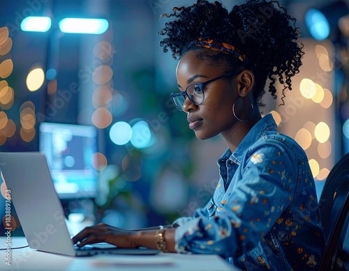 Focused African American Woman Working on Laptop in Modern Office at Night.