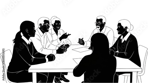 Adults and Elders Discussing Family Finances Silhouette Line Art at Planning Table