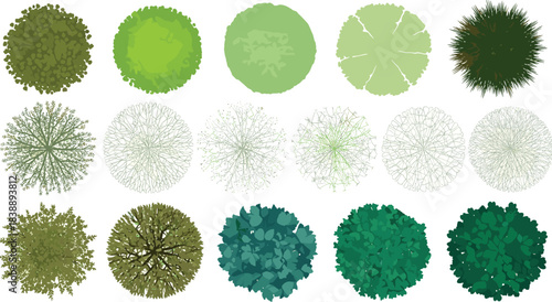 Collection of stylized top-down views of various trees, showcasing different shapes and foliage textures, perfect for architectural renderings or landscape design