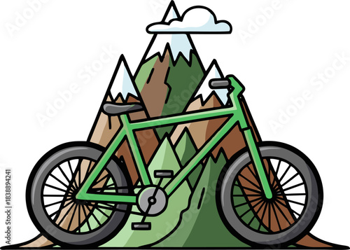 Green bicycle in front of mountains with a cloud.