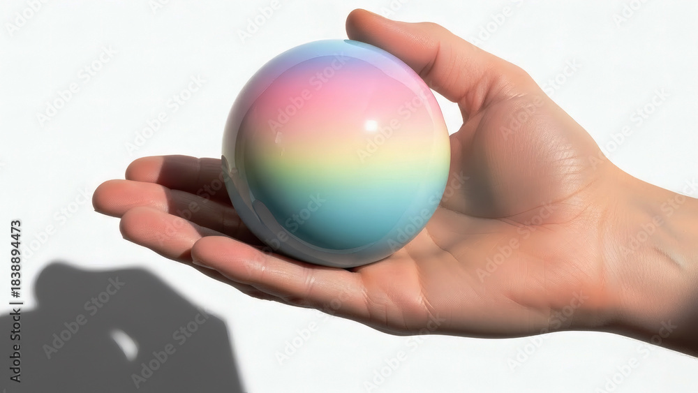 Obraz premium Human hand gently cradles a smooth glossy pastel rainbow gradient sphere against a bright white background
