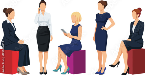 A diverse group of professional women in business attire, confidently posing and working in an office setting