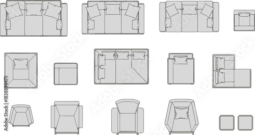 Top-down view of furniture arrangement sofas, chairs, and tables for interior design planning and space visualization