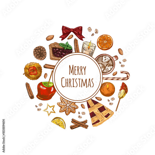 Hand drawn vintage Christmas sketch of sweets, mulled wine and gingerbread in festive circular layout, colored vector