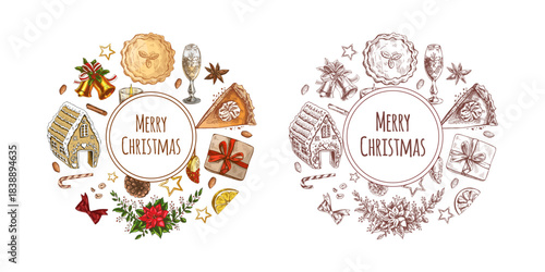 Hand drawn vintage Christmas food and gift sketch set, color and monochrome version, circular composition, isolated vector