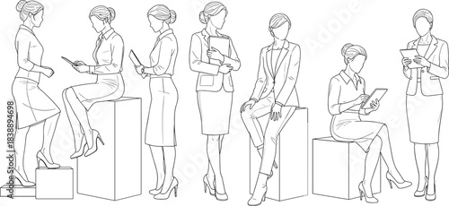 Collection of Line Art Illustrations of Businesswomen in Various Poses