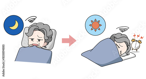 眠れず寝起きが悪い高齢女性のイラスト