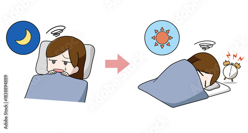 眠れず寝起きが悪い女性のイラスト