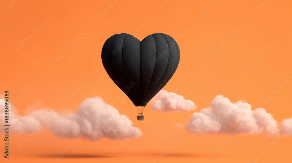 Fototapeta premium Surreal hot air balloon with heart-shaped black envelope floating above clouds in vivid orange sky