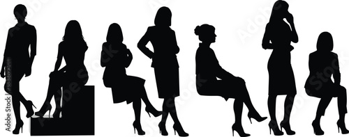 Collection of diverse female silhouettes in professional attire, showcasing various standing and sitting poses for business and design projects, ideal for modern graphics