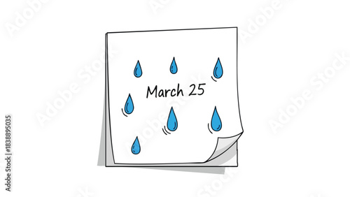 A charming doodle illustration of a calendar page displaying March 25, surrounded by bright blue raindrops, perfectly symbolizing a rainy spring day