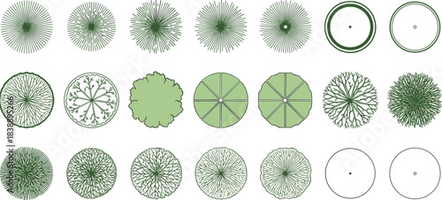 Diverse collection of top-down vector tree and plant symbols for architectural landscaping plans, urban design, and environmental graphic representations. Ideal for professional design