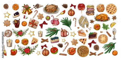 Hand drawn vintage set of Christmas holiday food, drinks and decorations in colored version, isolated vector collection